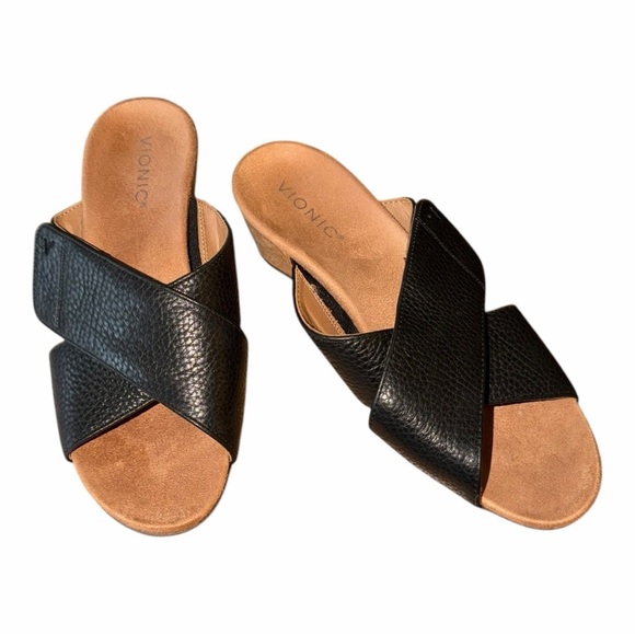 Vionic Black Leather Adjustable Cross-Strap Cork Heel Sandals with TanFootbed - Picture 5 of 14